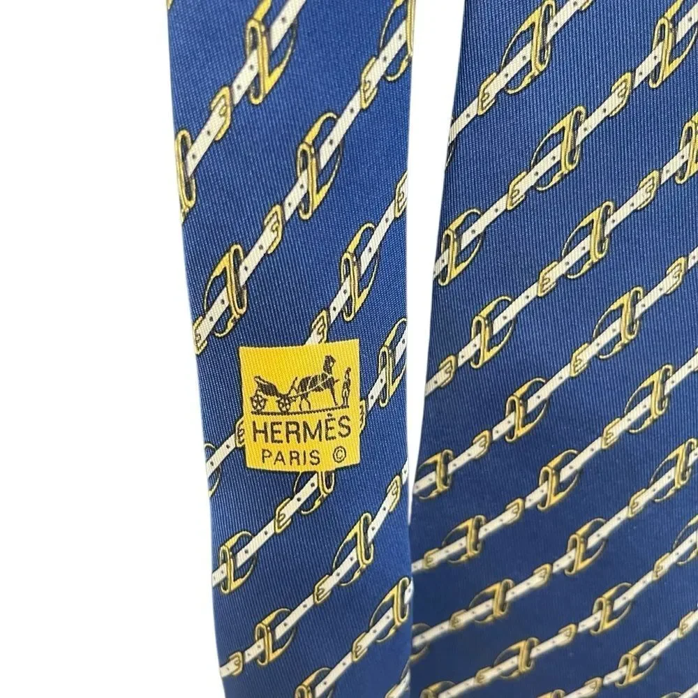 Hermes Men's Tie Equestrian Horsebit Bridle Navy Silk 952 IA 3.5